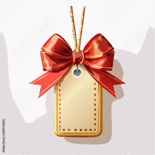 Ultra-detailed 3D rendering of Christmas gift tag with ribbon bow, isolated PNG.