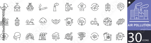 Minimal Air Pollution line icons showing smog, toxic gas, factory emissions, dust, and environmental hazards. Perfect for eco awareness, climate change projects, sustainability reports