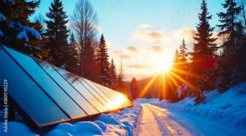 Solar panels in a row stand in good weather in winter, near a path in the forested mountains.