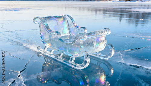 Santa’s sleigh made of transparent ice floating above frozen lake. Magical realism theme.