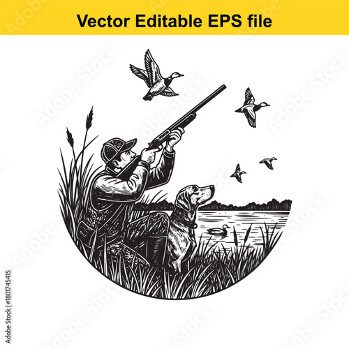 Hunter with dog and shotgun aims at ducks flying over water near reeds in a circular illustration