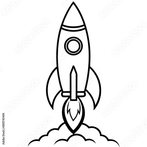 A black and white drawing of a rocket launching with flames and smoke isolated