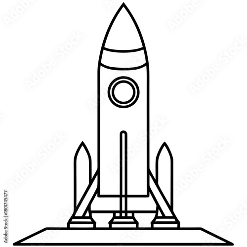 A black and white line drawing of a rocket