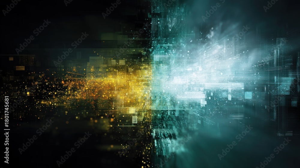 Fototapeta premium A digital abstract image featuring a contrasting blend of golden and teal hues, representing technology and data flow.