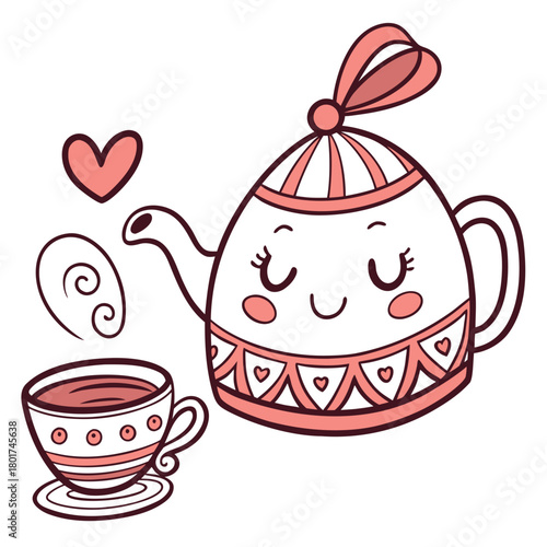 Adorable teapot and teacup with a smiling face