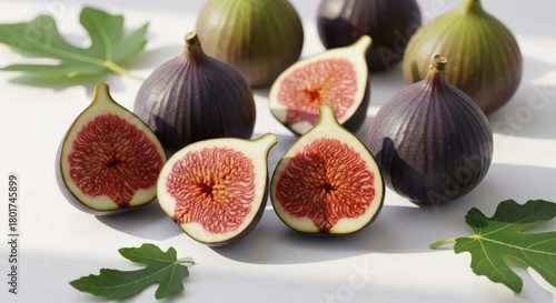 Freshly picked ripe figs, some whole and others sliced open, displaying their vibrant red pulp and tiny seeds, with green fig leaves scattered around on a light surface.
