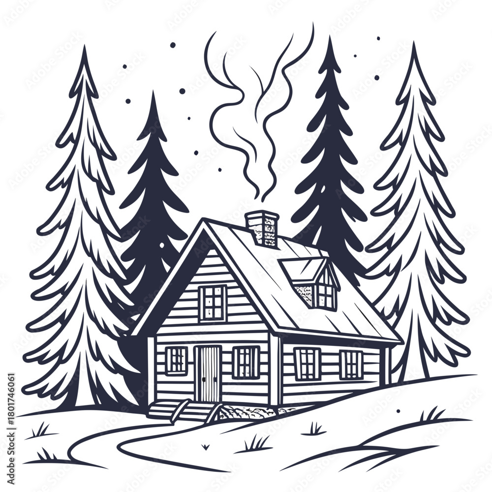 Fototapeta premium Illustration of a cozy log cabin in the woods