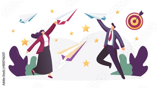 Whimsical illustration of diverse professionals joyfully flying together symbolizing teamwork success and a positive work environment with a vibrant colorful aesthetic