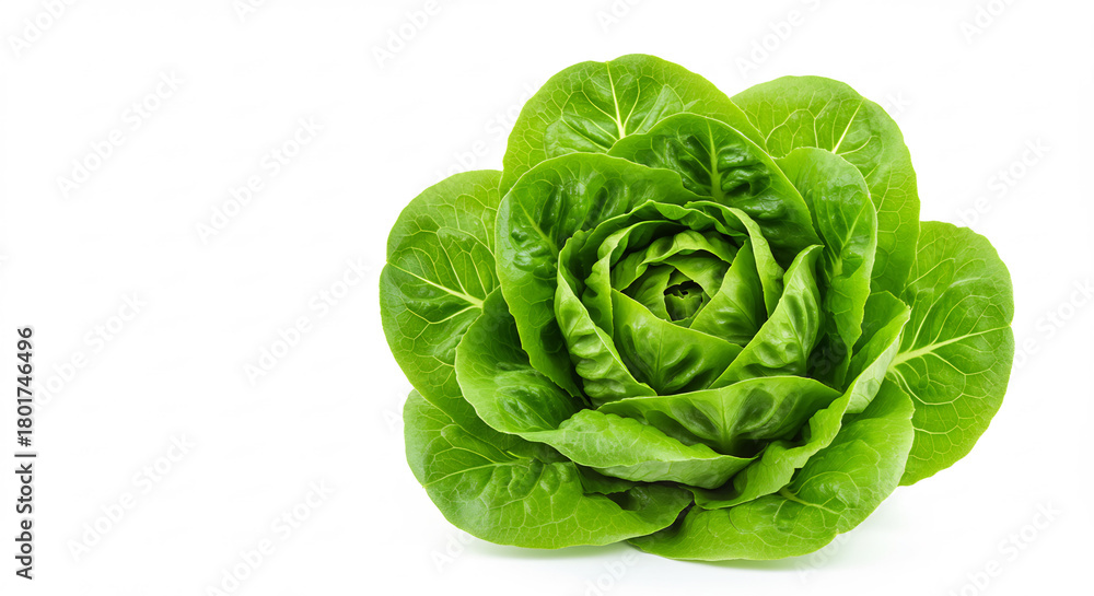 Obraz premium Fresh vibrant green lettuce head beautifully illuminated by bright studio light on a clean white background. AI Generated