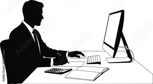 Silhouette of office worker at desk, using computer and notebook, formal posture, black vector art, flat cad drawing illustration
