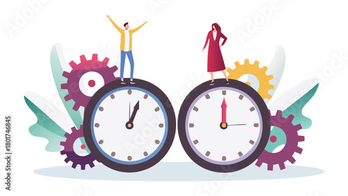 Whimsical modern character design featuring diverse individuals standing together on a stylized abstract element perfect for creative projects and branding