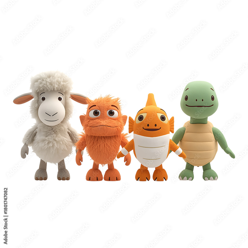 Fototapeta premium Stock image of cute plush animal toys sheep monster fish and turtle for kids room decor on transparent background