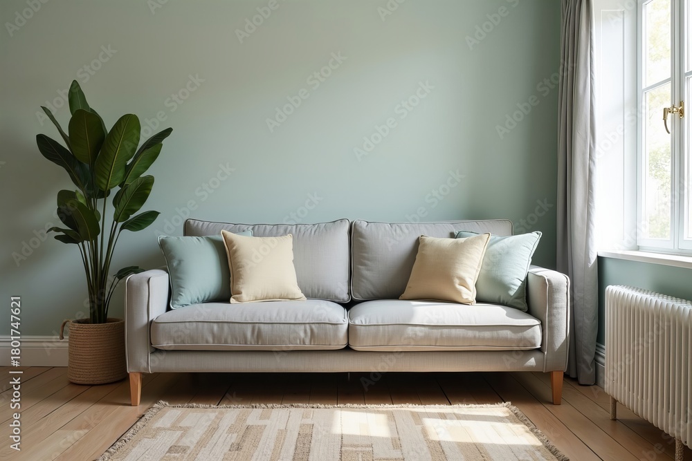 Fototapeta premium Photograph of Oversized Sofa Squeezed into a Tight Space, Overwhelming the Room and Highlighting Design Flaw