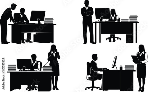 Silhouette of office workers in workplace scenes, collaboration, supervision, paperwork, computer use, black vector art, flat cad illustration