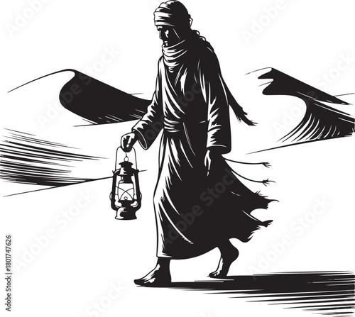 Monochrome depiction of an Arab traveler with a lantern in desert