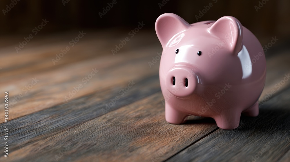 Fototapeta premium Pink piggy bank sits on wooden surface with soft lighting, highlighting savings concept for financial goals and budgeting practices