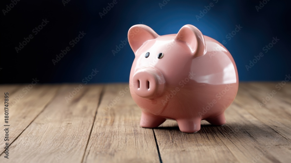 Fototapeta premium Bright pink piggy bank sits on a wooden surface under soft blue lighting