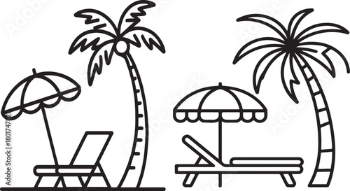 Tropical beach vacation line art with palm trees and lounge chairs