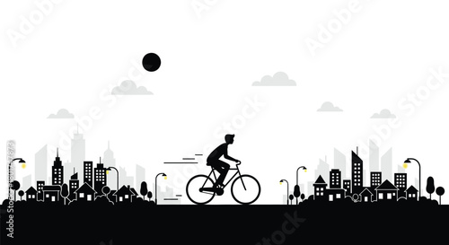 Silhouette of a cyclist riding a bicycle against a stylized cityscape with stylized clouds and sun
