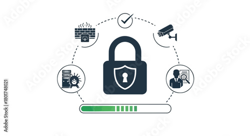 Digital security concept with padlock and icons representing data protection surveillance and system integrity