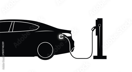 Modern electric vehicle silhouette charging at a public charging station on a white background
