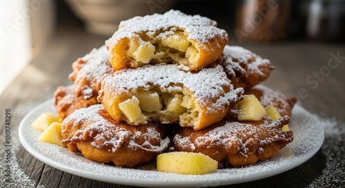 A plate of golden-brown apple fritters dusted with powdered sugar, with some broken open to show apple chunks inside, on a rustic wooden surface.