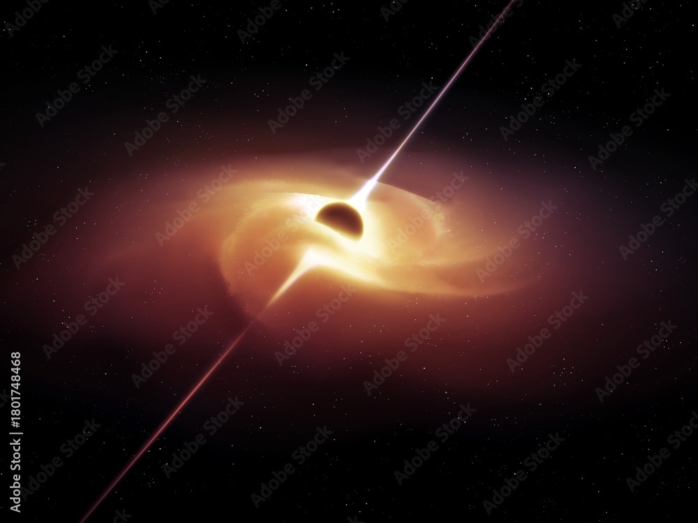 Fototapeta premium Quasar with energetic jets in space. Active galactic nucleus with supermassive black hole and accretion disk.
