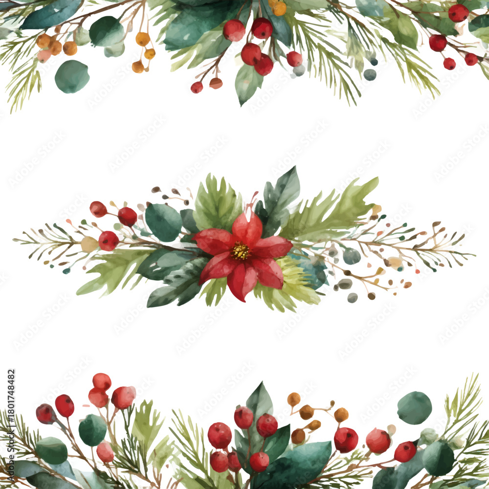 Naklejka premium Watercolor christmas floral border with poinsettia, holly, red berries, and pine foliage, creating a festive winter season frame on a transparent background