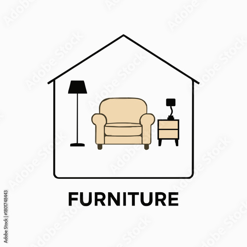 Minimal home-interior logo: a beige armchair forms the center, flanked by a black silhouette floor lamp on the left and a small nightstand with a square lamp on the right. Encased in a simple linear h