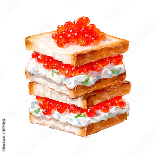 Stacked watercolor sandwiches with red caviar and creamy cheese, garnished with redcurrants and parsley on a transparent background  elegant, festive appetizer illustration