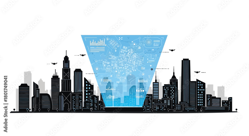 Fototapeta premium Futuristic city skyline with glowing blue holographic projection of digital data and network connections