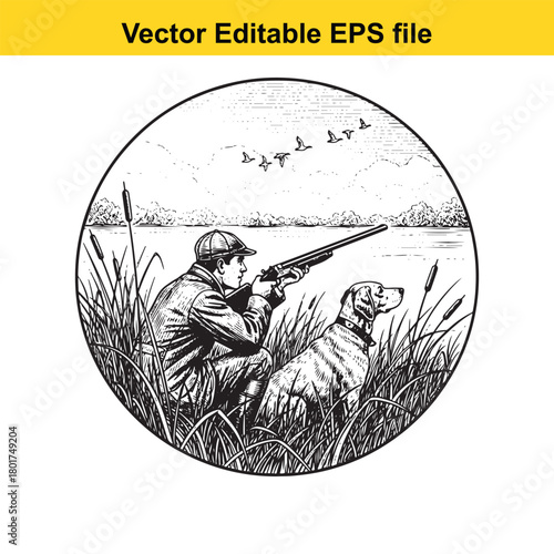 Hunter with dog aiming shotgun at flock of birds flying over reeds in a circular frame, vintage illustration
