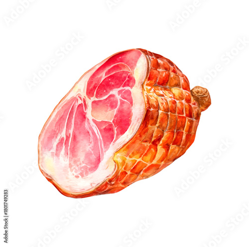 Cured ham watercolor illustration showing a whole cooked pork leg with pink interior and golden brown netted skin, isolated on transparent background for culinary designs