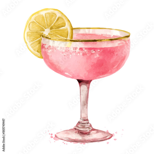 Pink cocktail in a watercolor style coupe glass garnished with a lemon slice and sugar, illustrating refreshing beverages and party spirits on a transparent background