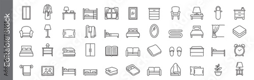 Mega collection of Bedroom and home furniture line icon set – editable outline symbols of bed, pillow, lamp, wardrobe, sofa, chair, decor