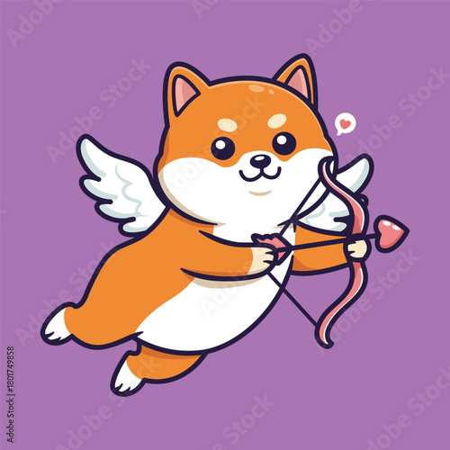 Cute Shiba Inu Cupid with Bow and Arrow for Valentine's Day. vector illustration