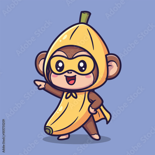 Cute Banana Monkey Vector Illustration in Costume with Mask and Confident Pose on Purple Background