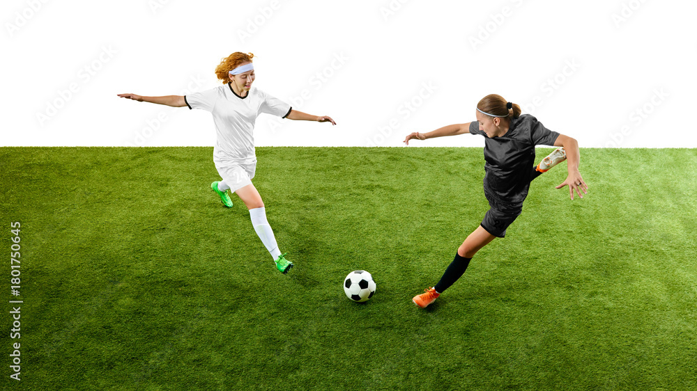 Obraz premium Female footballers rushing toward ball in high-speed competitive moment. Concept of match coverage, sports advertising, youth training programs, team motivation.