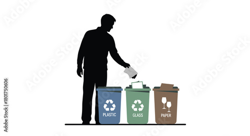 Silhouette of a person in a cap throwing paper into a recycling bin with other bins nearby