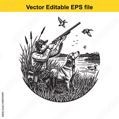 Hunter in vintage clothing kneeling in reeds with shotgun aiming at flying ducks, accompanied by his loyal dog, near water