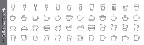 Mega collection of Drinkware and tableware line icon set – editable outline symbols of glass, cup, mug, bowl, jug and teapot