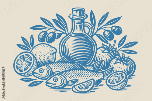 Mediterranean fish, lemon and olive oil engraving vector illustration