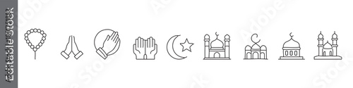 Islamic and mosque line icon set – editable outline symbols of prayer, crescent, star, hands and religious building, prayer icon set