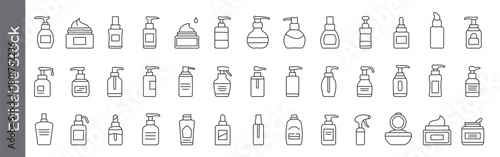 Mega collection of Cosmetic bottle and skincare bottle line icon set – editable outline symbols of moisturizer, jar, tube, dropper, spray, pump, dispenser, cream, lotion, and beauty container