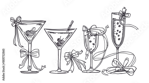 Elegant line art illustration of four champagne glasses decorated with ribbons and bows.