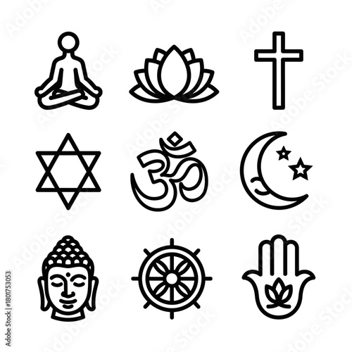 Religious Symbols Collection - Yoga Pose, Lotus, Cross, Star of David, Om, Crescent, Buddha, Wheel, Hamsa.