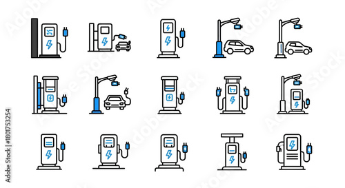 Modern Line Art Icons of Electric Vehicle Charging Stations and Gas Pumps with Blue Accents.