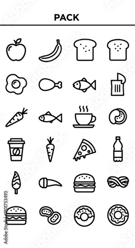 Minimalist black outline food icons collection, featuring fruits, vegetables, meats, drinks, and desserts, simple graphic illustrations.