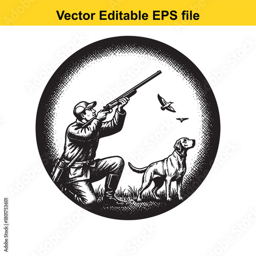 Hunter kneeling with shotgun aiming at birds in flight, accompanied by a dog, vintage engraving style, vector art