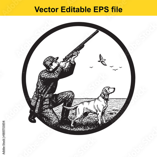 Hunter aiming shotgun at flying birds with dog in field, vintage illustration